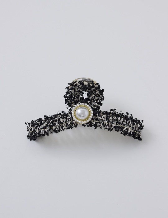 優雅毛呢珍珠髮夾(黑)