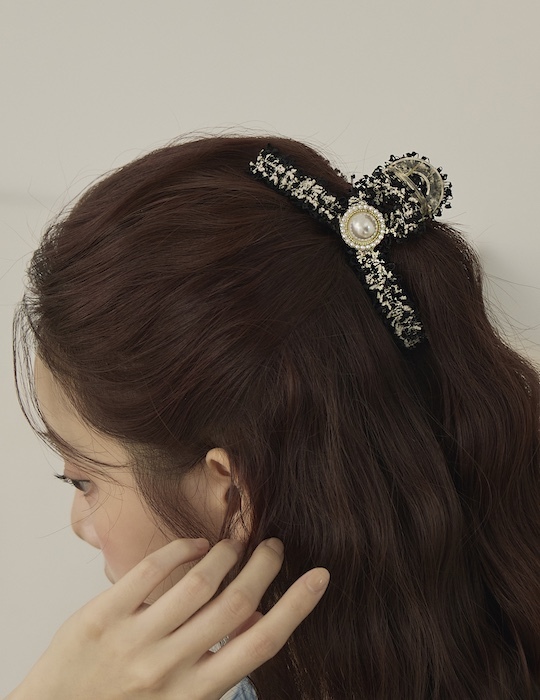 優雅毛呢珍珠髮夾(黑)