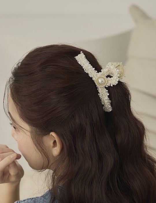 優雅毛呢珍珠髮夾(白)