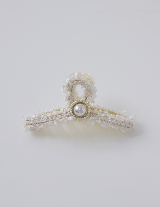 優雅毛呢珍珠髮夾(白)