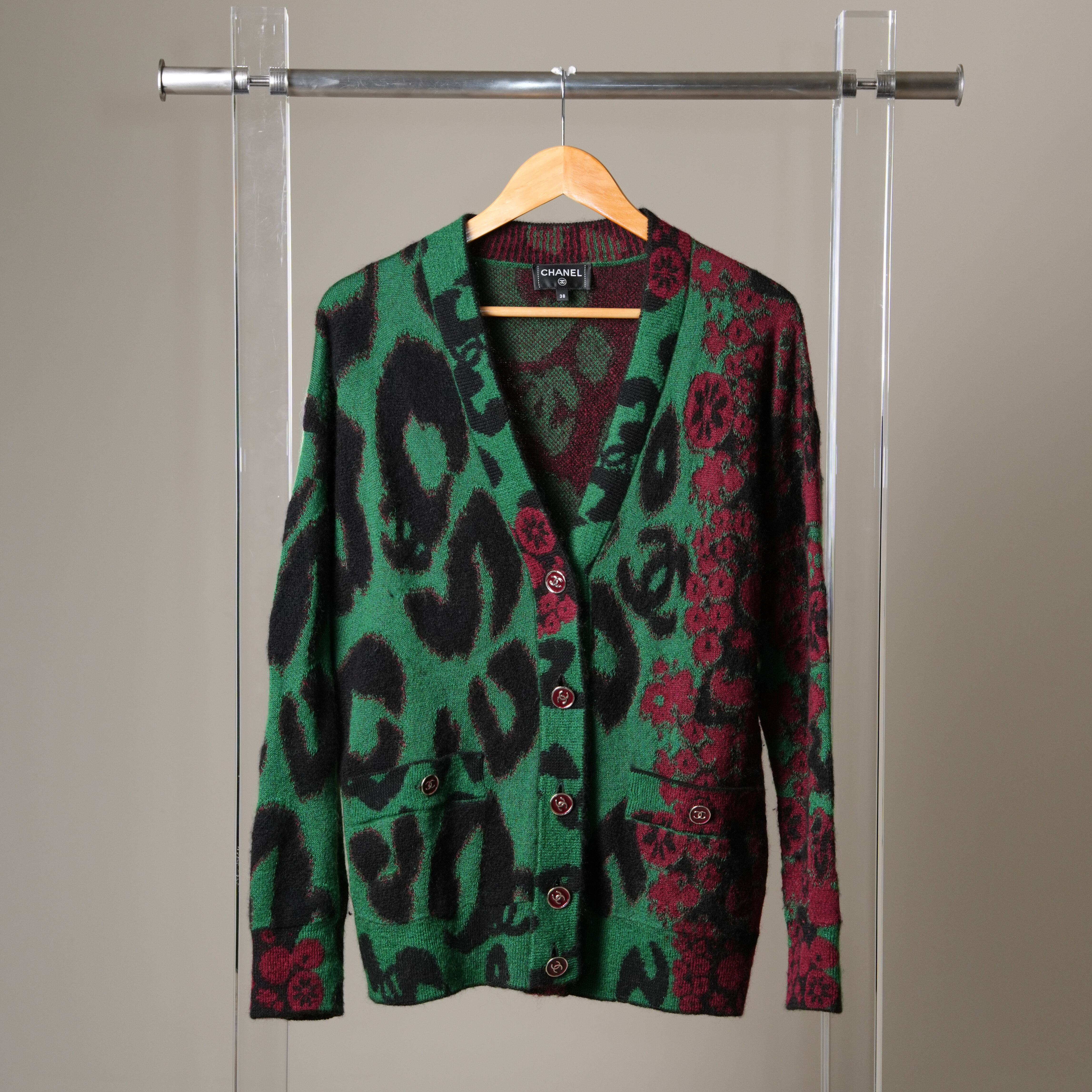 Chanel 紅綠色豹紋針織開衫
