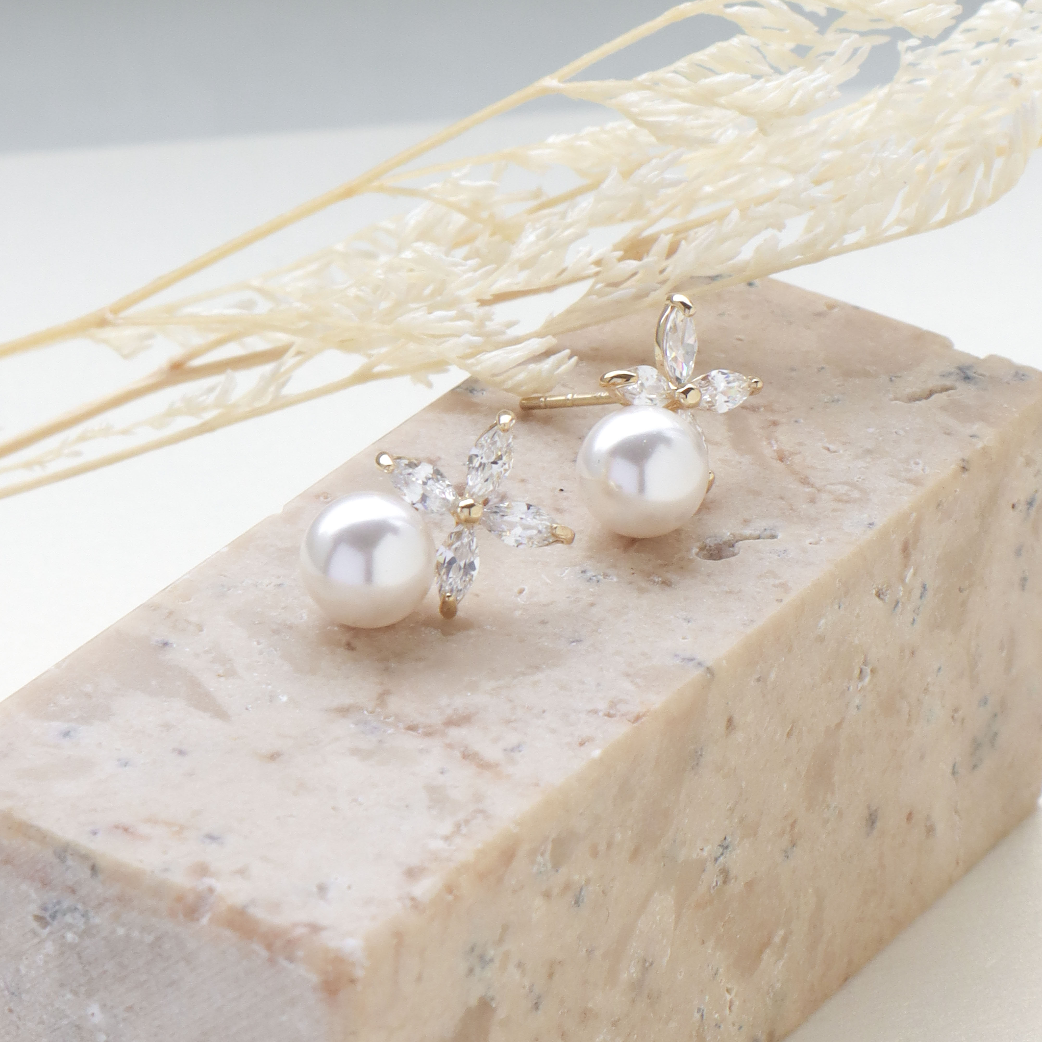 10K/小花珍珠耳環