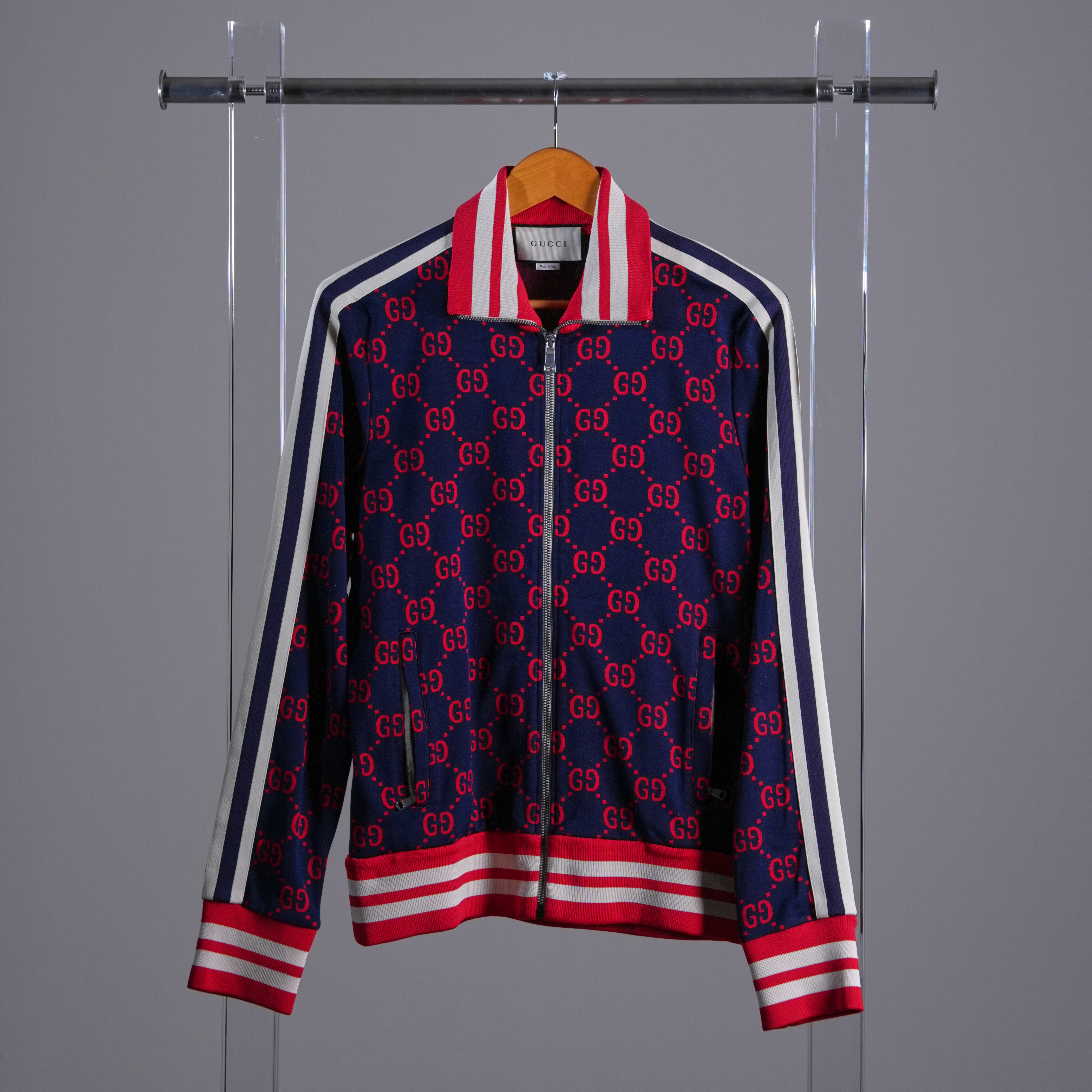 Gucci 藍底紅白條紋老花運動外套