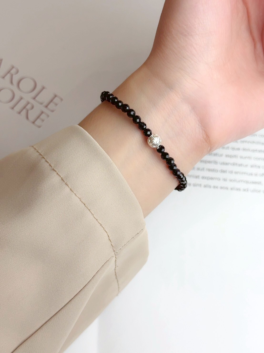 純銀錢母/黑尖晶石手鍊