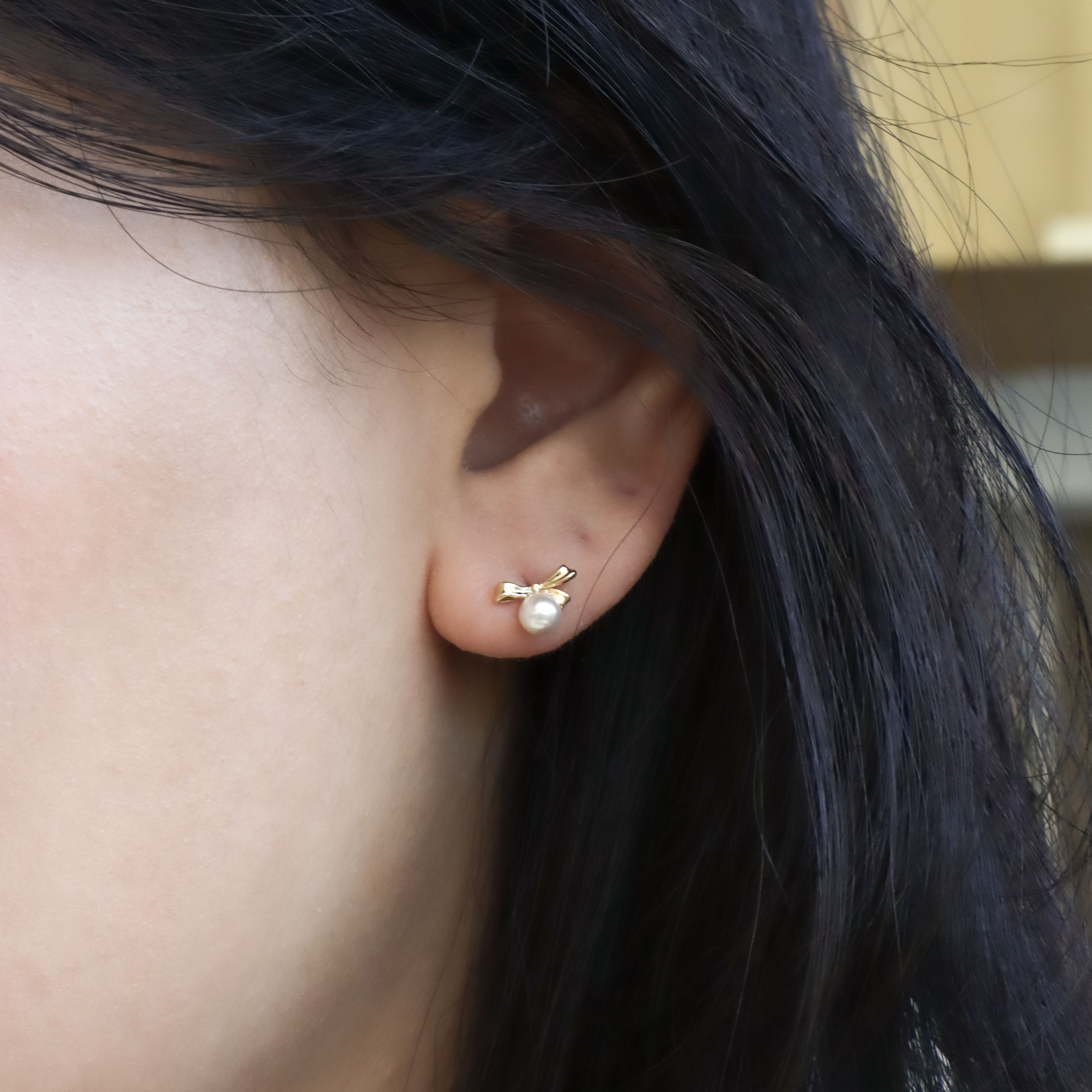 10K/優雅蝴蝶結珍珠耳環