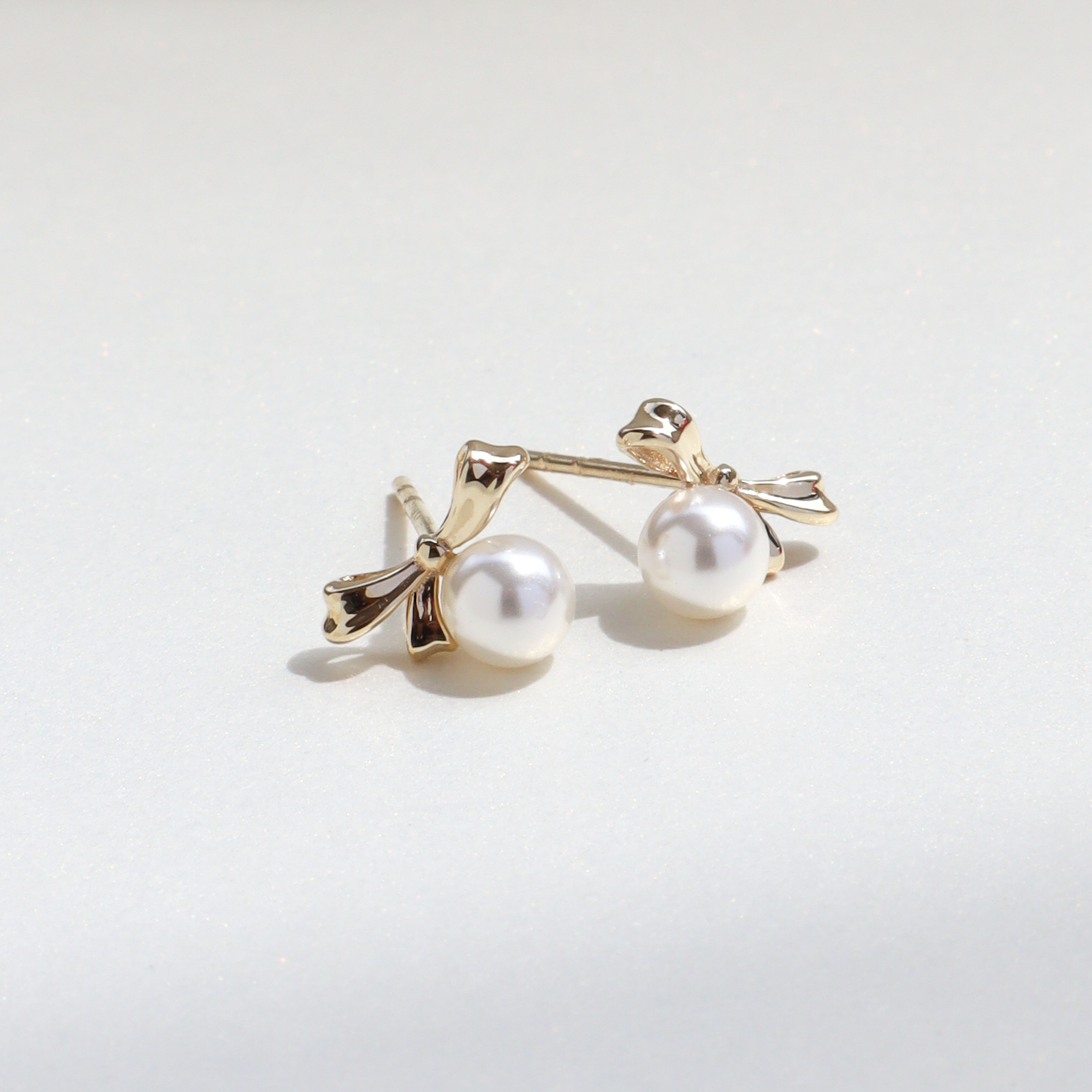 10K/優雅蝴蝶結珍珠耳環