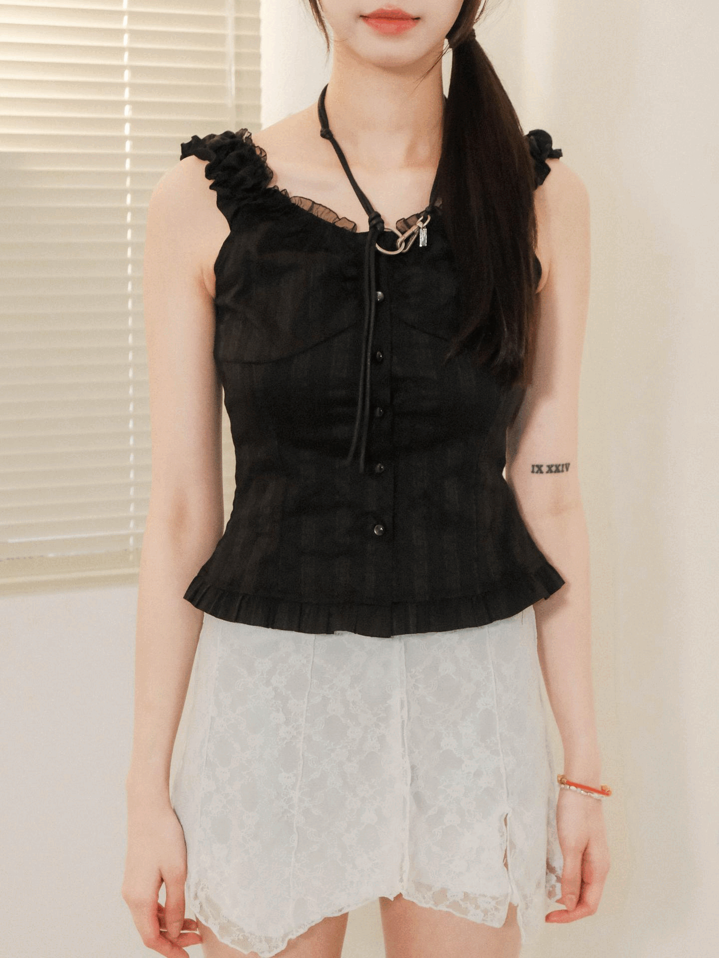 Sweet & Cool暗直紋皺褶袖上衣