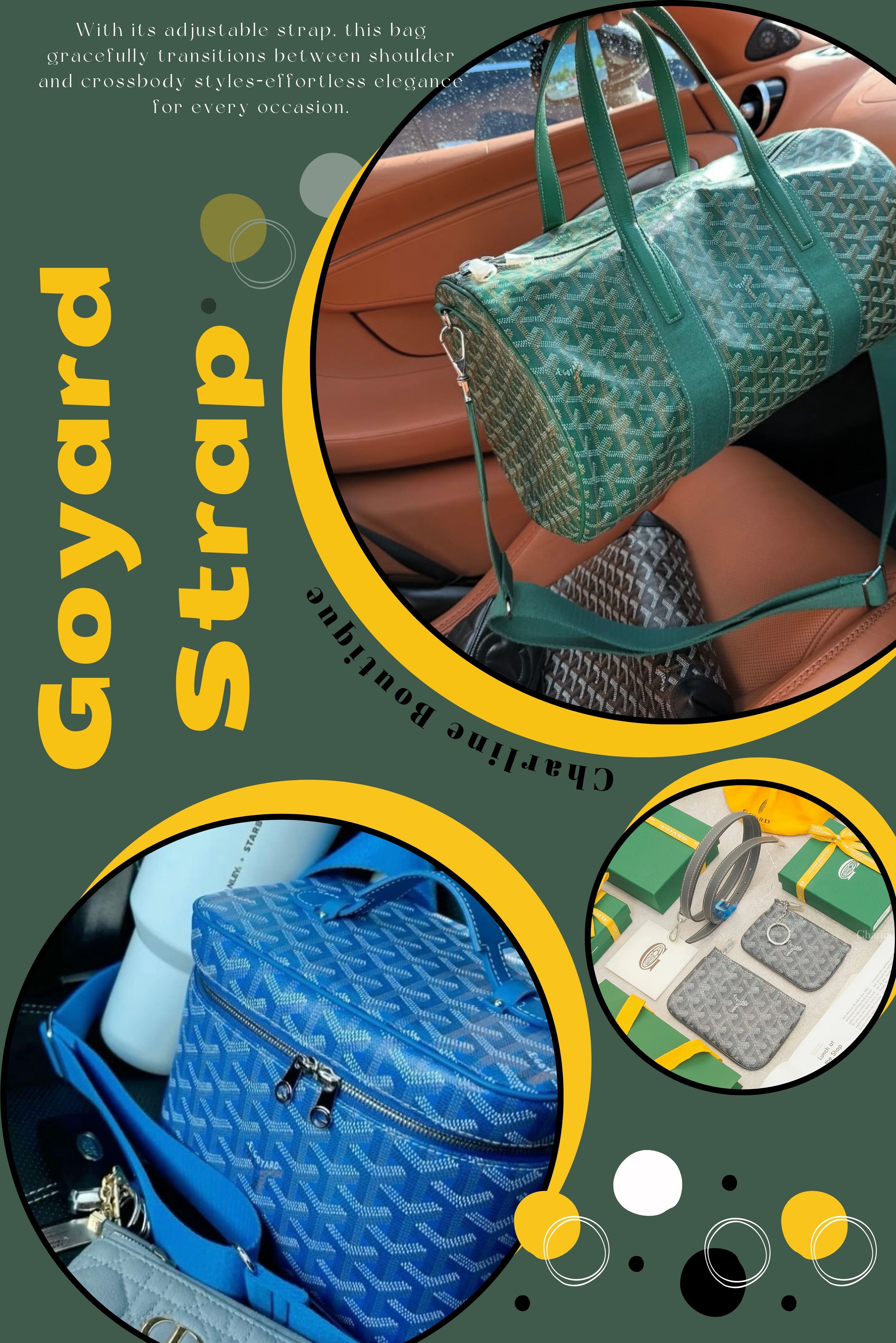 Goyard 背帶系列不僅是包款配件的精品代表，更是展現個人品味的關鍵元素。從全皮革的 Bandoulière Cuir 到帆布拼接的 Bandoulière Sangle，每一條背帶都承載著法國百年工藝的精髓。以下問答將深入解析 Goyard 背帶的選擇要點，幫助您找到最適合的款式。  Goyard 背帶選購常見問答Q&A  Q1：Goyard 哪些包可以換背帶？  A：Goyard 多數包款設計為「手提／肩背為主」，但部分系列具備雙扣環或 D 型金屬環，可以直接更換為 Goyard 背帶，或經由小改裝（加裝扣環）達成替換：  ✅ 可直接更換背帶的包款：  Alpin Mini / Alpin PM（原附細背帶） → 換上 Goyard 背帶更舒適、不勒肩  Vendôme Mini / PM（原為手提包） → 加背帶可實現斜背，解放雙手  Belhar 系列（輕巧小包） → 加背帶可提升機能性與搭配層次  Rouette Mini / PM（附細背帶） → 換成 Goyard 背帶後，穩定度與外觀質感大幅提升  ✅ 可改裝掛扣後換背帶的包款：  Saint Louis GM / PM → 原為純托特設計，如改裝扣環（不傷皮革），可搭配背帶作斜背應用  Saïgon 系列（經典木柄包） → 原為手提包，部分版本已內建背帶掛點，可搭配 Goyard 背帶使用    Q2：第一次買 Goyard 包，如何決定要不要加購背帶？哪些包款特別建議搭配？  A：對於 Goyard 新手來說，在購買Goyard包時，是否加購背帶取決於個人對包款的使用習慣和偏好。 如果習慣手提，且包款本身提把設計符合需求，則不一定需要加購背帶。 但若偏好肩背或斜挎，且包款本身沒有附背帶，則建議加購，以增加使用的便利性和舒適度。  以下包款特別建議購買時就一併加購背帶，能大幅提升使用體驗：  Vendôme Mini：小巧精緻但僅手提功能，加背帶後變身時尚斜背包  Mini Saïgon：經典迷你版，搭配背帶後實用性與造型感兼具    Q3：Goyard 包背帶可以另外買嗎？價格如何？  A：是的，Goyard 背帶完全可以單獨購買！  🛒 購買方式：  Goyard 官方專櫃單獨販售  透過信譽代購如 Charline Boutique 購買  無需與包款同時購買，可後續再添購  💰 背帶系列與建議搭配：  Bandoulière Cuir PM（皮革細背帶）：適合小包款，正式場合首選  Bandoulière Cuir MM（皮革寬背帶）：適合中大型包，穩定度佳  Bandoulière Sangle PM（帆布細背帶）：日常休閒款，輕盈舒適  Bandoulière Sangle MM（帆布寬背帶）：承重力最強，旅行必備    Q4：不同尺寸的Goyard 包款應該搭配哪種背帶？  Ａ：  Mini 系列包款（Vendôme Mini、Alpin Mini 等）： 搭配 PM 尺寸背帶，比例協調不搶風頭  小型包款（Belhar、小型 Saïgon）：  建議 PM 尺寸背帶，輕盈好搭配  中型包款（Artois MM、Voltaire）： 推薦 MM 尺寸背帶，承重力與穩定度更佳  大型托特包（Saint Louis GM）： 必選 MM 尺寸背帶，才能穩固支撐包款重量    Q5：Goyard 背帶材質怎麼選？皮革 vs 帆布？  Ａ：  選擇皮革背帶（Bandoulière Cuir）如果您：  偏好正式、知性的穿搭風格  注重質感與細節  主要搭配商務或社交場合服裝  希望與 Goyard 皮革包款形成統一感  選擇帆布背帶（Bandoulière Sangle）如果您：  日常穿搭偏休閒輕鬆  經常在戶外活動或旅行時使用  喜歡輕盈不厚重的背負感  希望背帶好保養、不怕髒污    Q6：Goyard 包包和背帶如何保養？有什麼需要特別注意的地方？  A:Goyard 包包保養的關鍵是針對不同材質分別處理：帆布部分只能用乾布輕拭，絕對不可水洗；皮革部分需定期用專業保養油滋潤；金屬配件用乾布擦拭即可。背帶方面，皮革背帶建議每月護理並避免日曬，帆布背帶可濕布輕拭但不能機洗。日常使用要避免接觸香水、化妝品等化學物質，收納時用防塵袋放置乾燥處，建議每年送專櫃專業保養，這樣能讓您Goyard 包包保持最佳狀態。    Q7：購買 Goyard 背帶時需要注意什麼？  Ａ： 購買前確認事項：  扣環相容性：確認包款扣環大小與背帶匹配  使用場合：根據主要用途選擇材質（正式選皮革，休閒選帆布）  包款尺寸：小包選 PM，大包選 MM  個人身高：考慮背帶長度調節範圍是否合適    Q8：Goyard 背帶可以搭配其他品牌包款嗎？  Ａ： 可以的，Goyard 背帶採用雙扣式設計，只要扣環尺寸相容，便能搭配其他品牌包款。許多時尚愛好者會將 Goyard 背帶運用在不同品牌包包上，展現個人風格與搭配巧思，讓背帶成為提升整體造型的關鍵配件。    Q9：什麼時候購買 Goyard 背帶最划算？   Ａ：建議購包時一併購買，可與包款一起享受代購優惠，避免後續單獨購買的運費成本也可確保風格搭配的一致性。    Q10：在台灣要怎麼購入 Goyard 背帶？哪裡方便？ A：目前Goyard 尚未在台灣設櫃，目前最方便的方式是透過代購購買，像是 Charline Boutique。這樣不僅可避免缺貨，且還能選擇多種背帶材質與尺寸，更方便又安心。