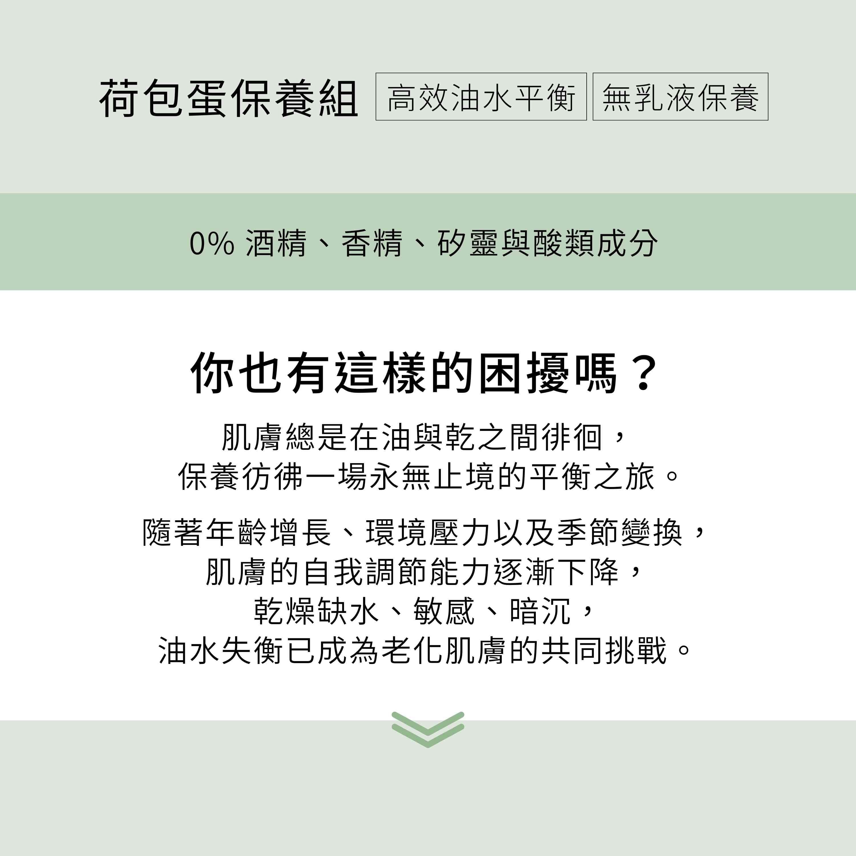 荷包蛋保養組,不含酒精、香精、矽靈與酸類成分,改善肌膚油水失衡困擾