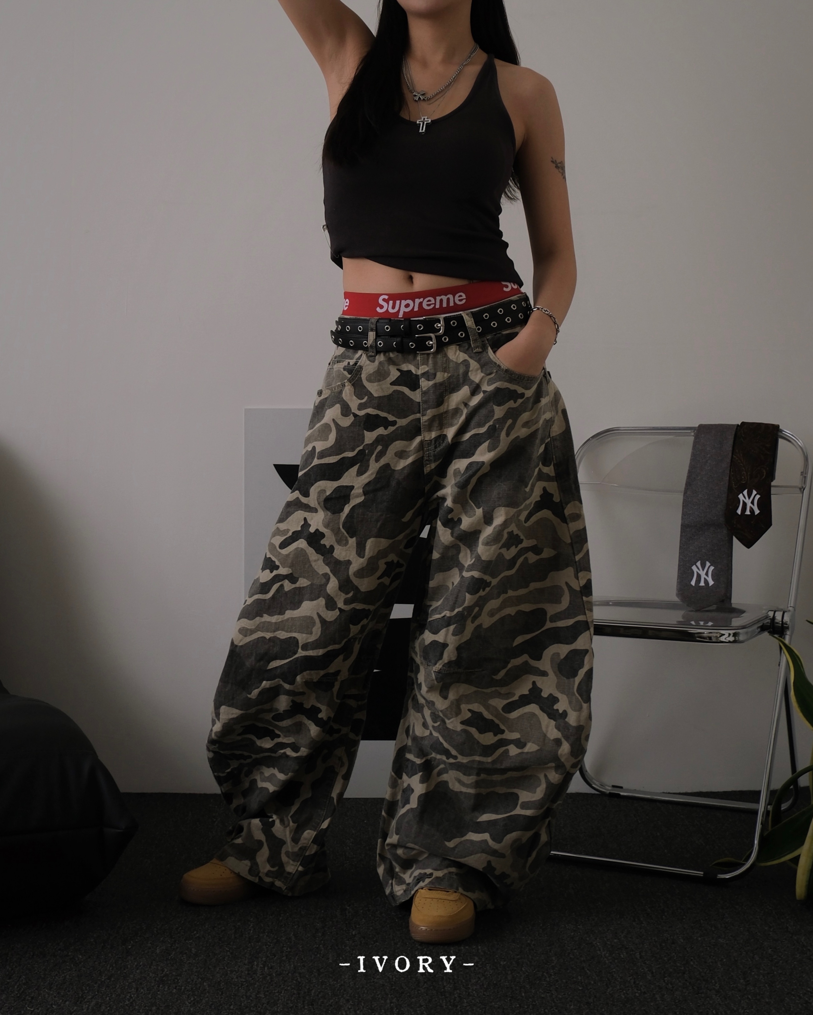 【現貨】IVORY 美式 街頭 Baggy廓型 迷彩 抗撕裂布 彎刀褲 長褲【CK3367】