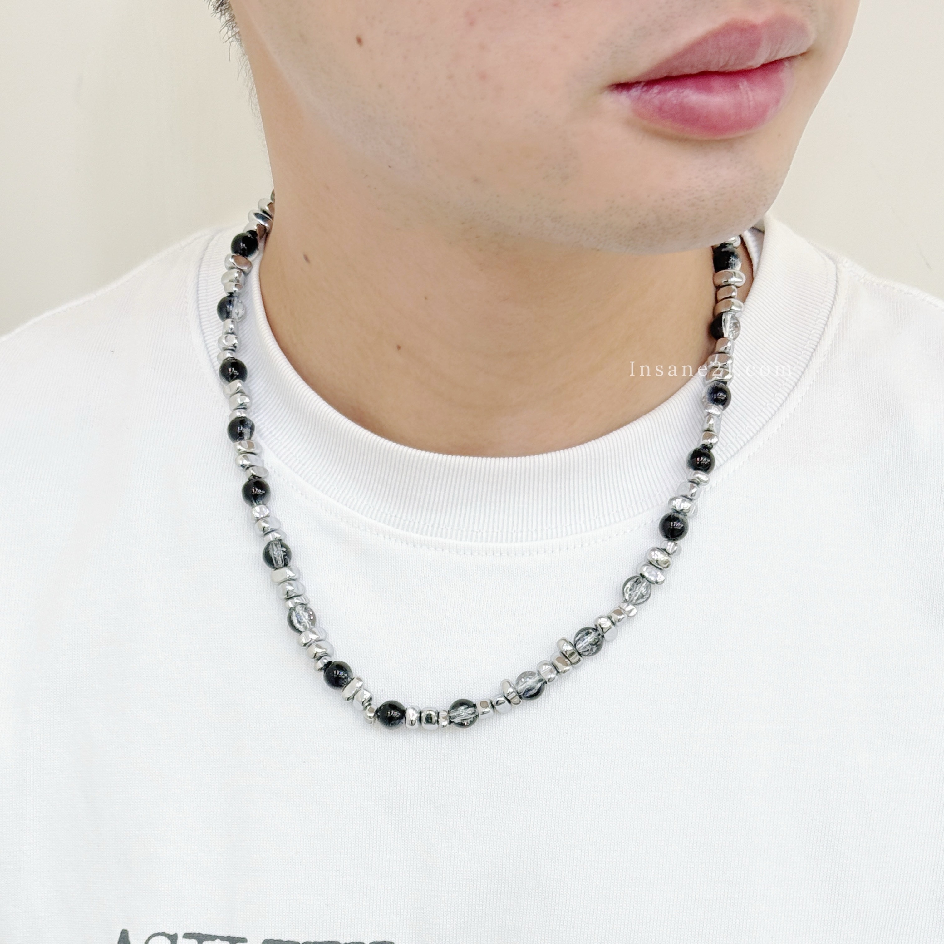 項鍊 貓眼石 銀碎石 銀珠 串珠 鎖骨 項鍊 頸鏈 黑/白