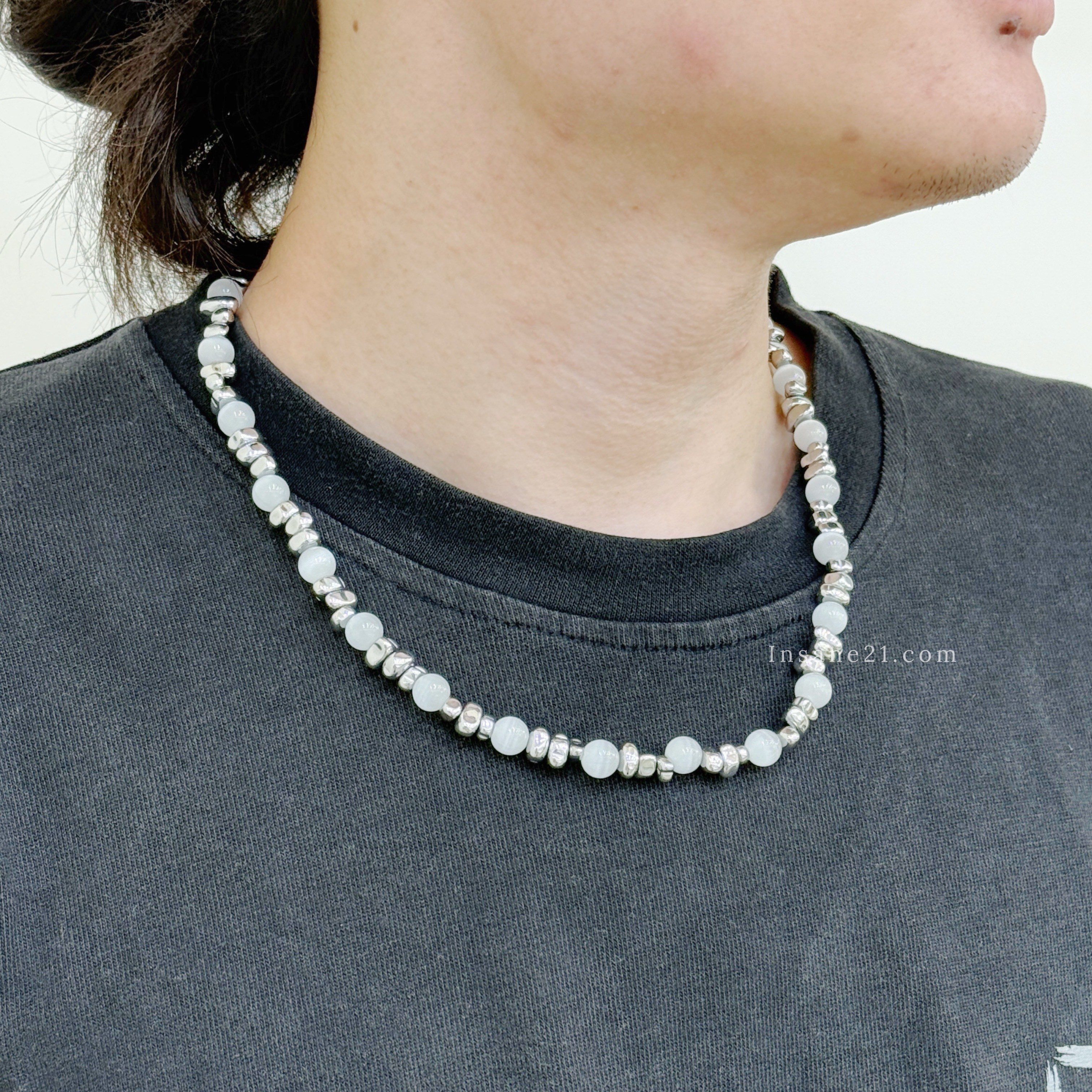 項鍊 貓眼石 銀碎石 銀珠 串珠 鎖骨 項鍊 頸鏈 黑/白