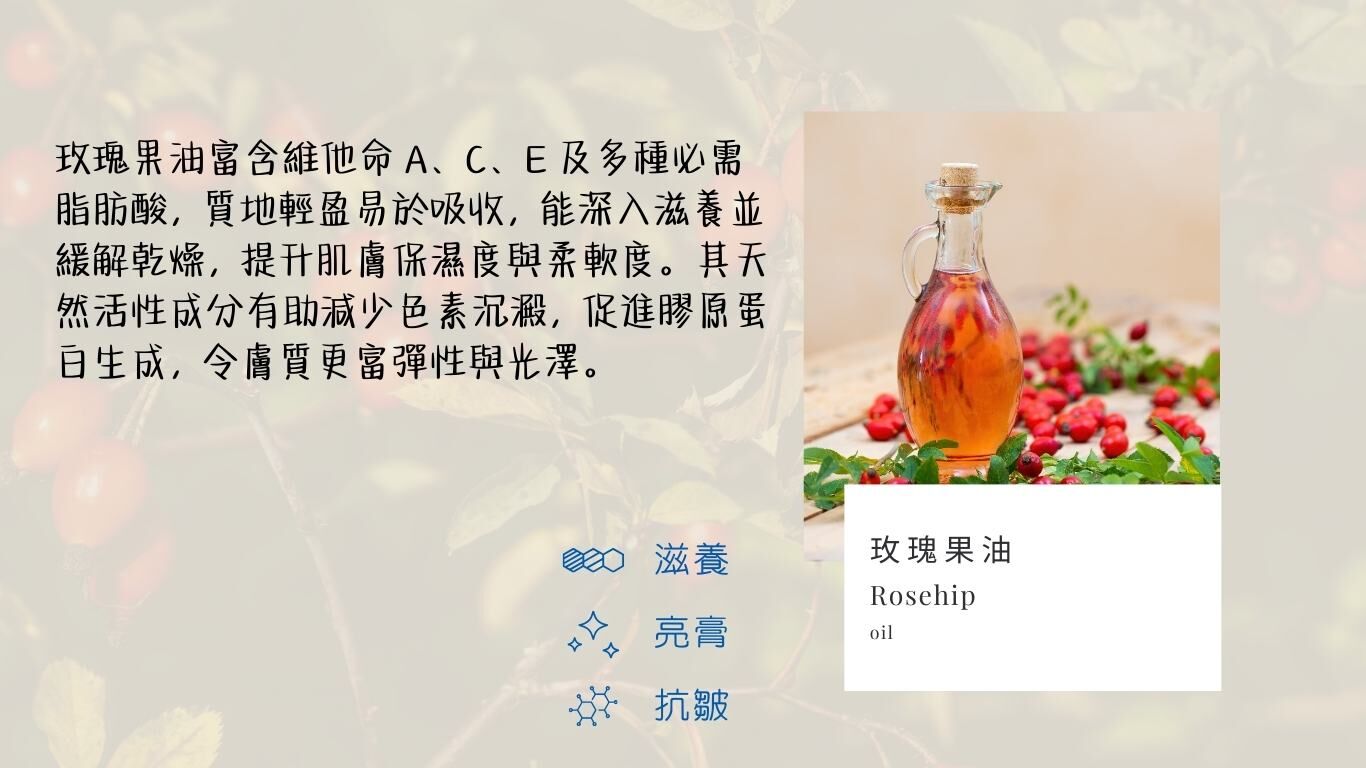 玫瑰果油成分介紹,富含維他命 A、C、E,深層滋養並提升光澤彈性