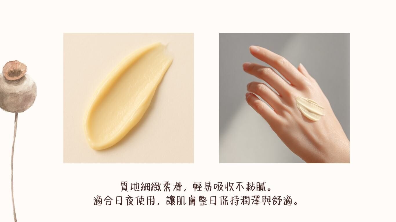 Lottee House 檀香抗氧面霜質地展示,細緻柔滑易吸收,手部塗抹示範