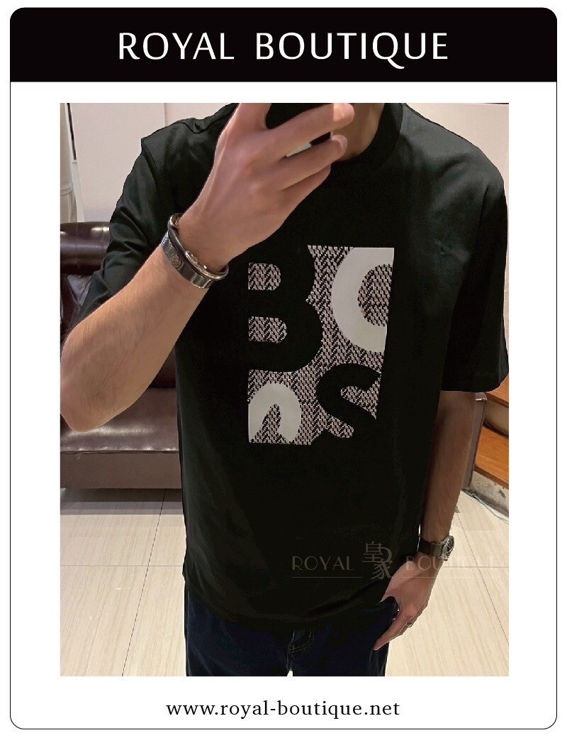 BOSS 胸前千鳥格英字LOGO刺繡短T