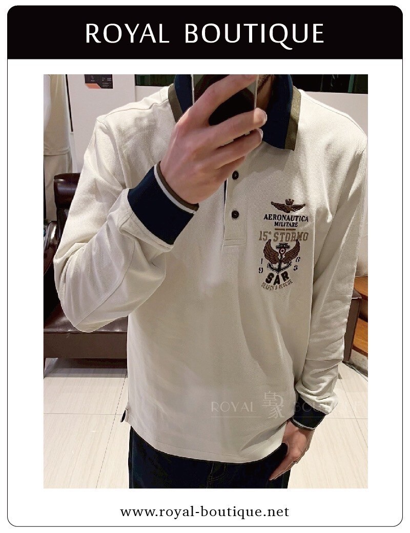AERONAUTICA MILITARE 空軍 左胸刺繡軍徽撞色袖口長POLO衫
