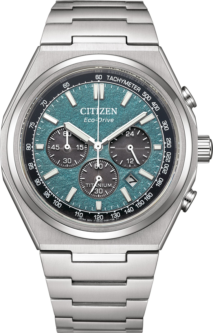 萬年鐘錶 - Citizen 星辰錶  超級鈦金屬太陽紋理綠色面盤三眼計時光動能男錶 CA4610-85X 錶徑43MM