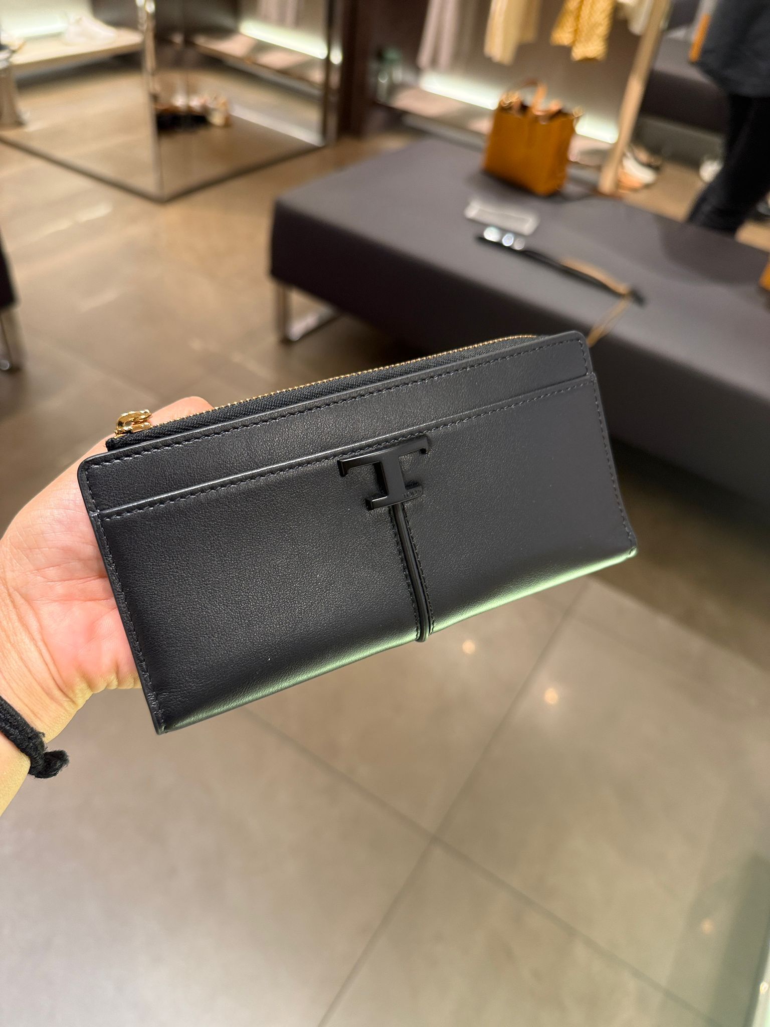 Tods TSV New Carte T logo Zip around long wallet Black