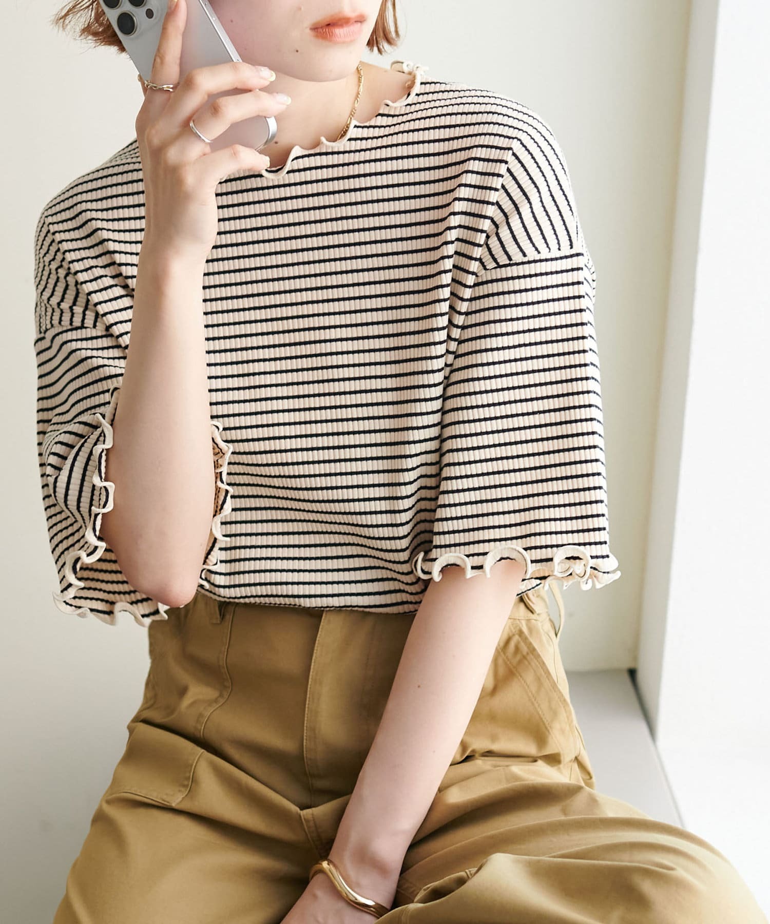 DISCOAT(ディスコート)  【二の腕カバーにも◎／22色展開】リブメローフレア5分袖≪WEB限定≫米條紋（DCZ1041406A0017）