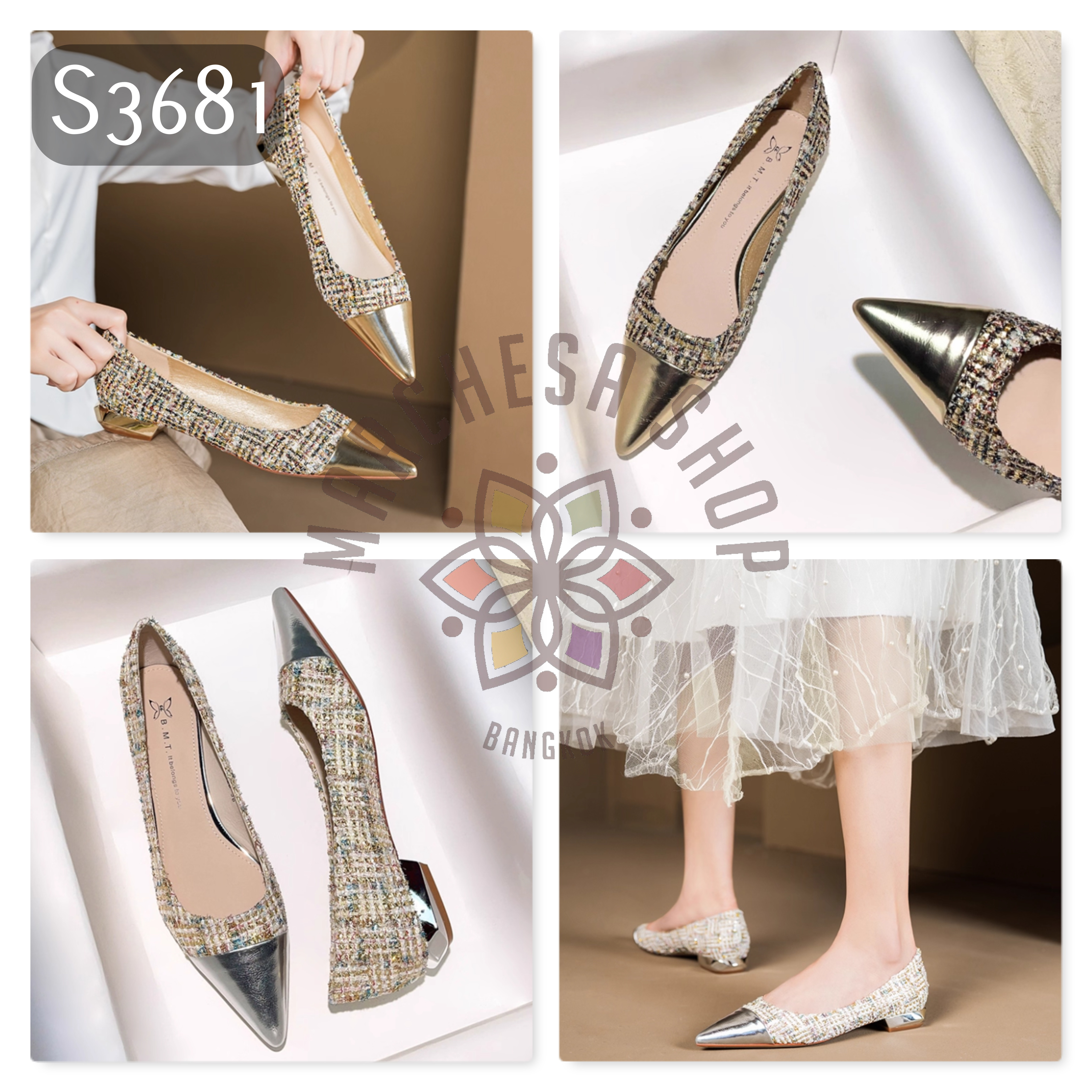 S3681 - 頭層小羊皮布面金屬鞋頭尖頭平底鞋