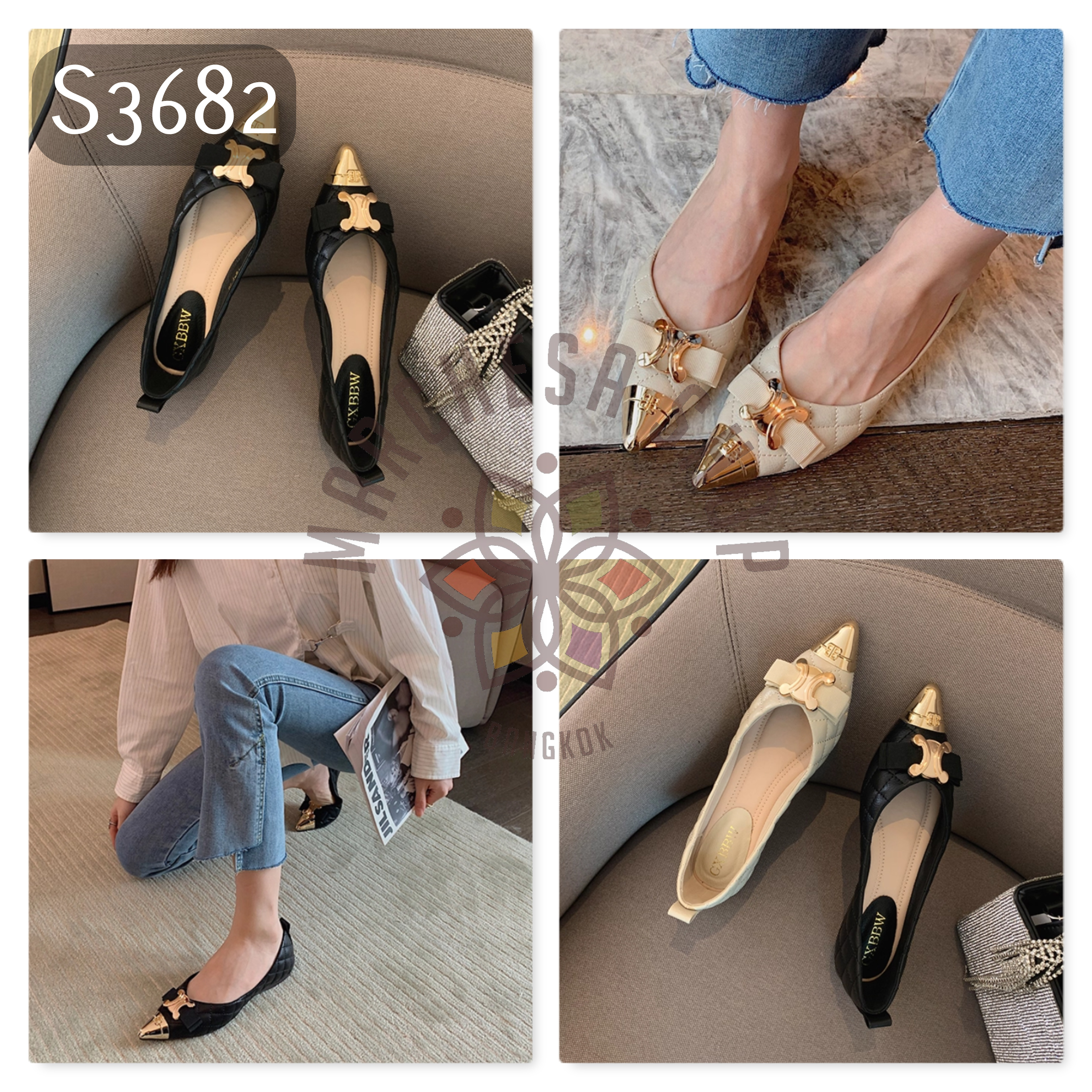 S3682 - 牛皮格紋金屬尖頭平底鞋 (大小呎碼)