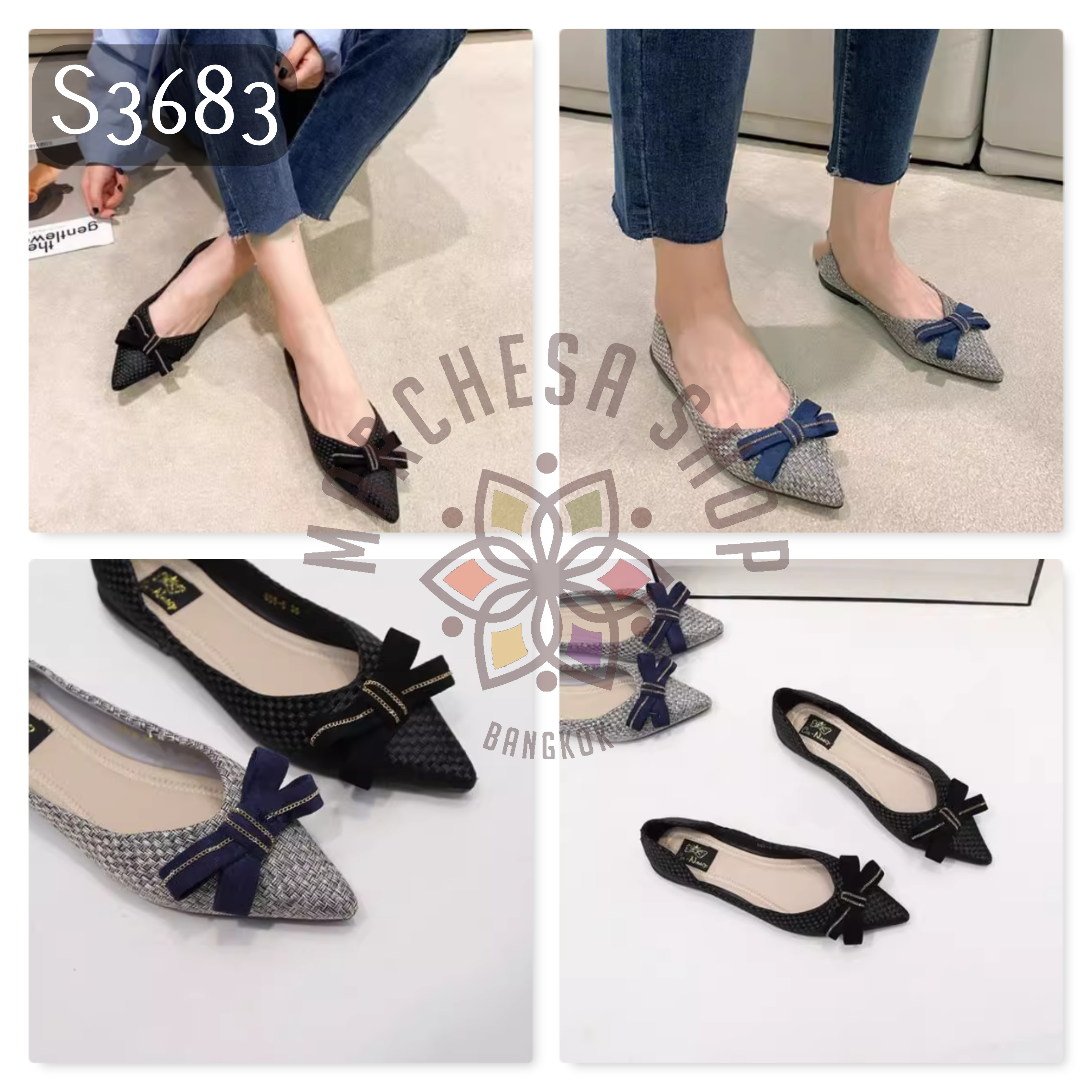 S3683 - 牛皮編織格紋蝴蝶結尖頭平底鞋 (大小呎碼)