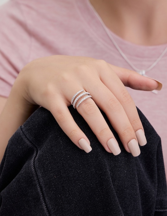 【925純銀】三環滿鑽可調式戒指