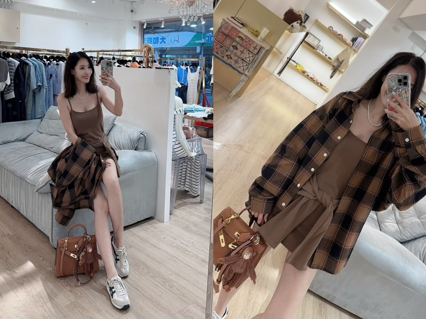 Baby系列 B08051 現貨+預購-美拉德焦糖色格紋襯衫+綁帶合身短洋裝套裝組