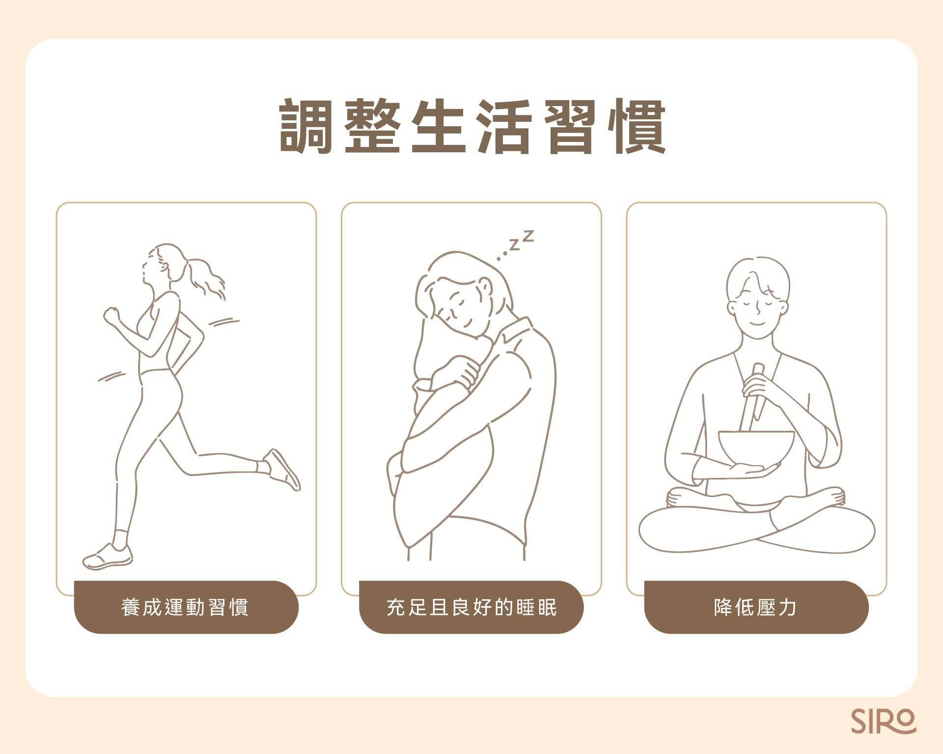 調整生活習慣：養成運動習慣、充足且良好的睡眠、降低壓力