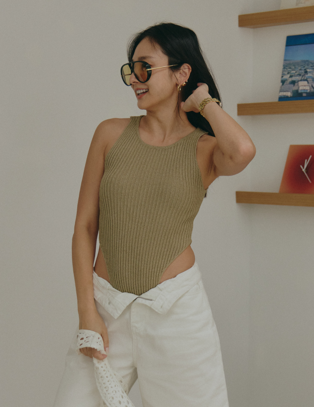 削肩Bodysuit 針織上衣（卡其/3尺寸）