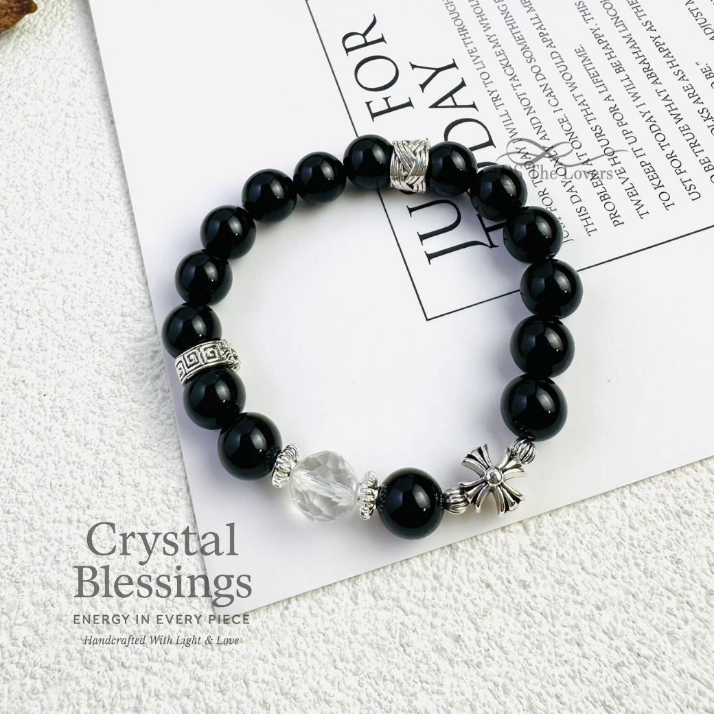 天然水晶設計款 「平安守護」水晶手鍊黑曜石 × 白水晶