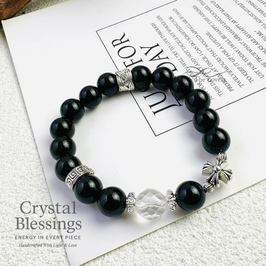 天然水晶設計款 「平安守護」水晶手鍊黑曜石 × 白水晶