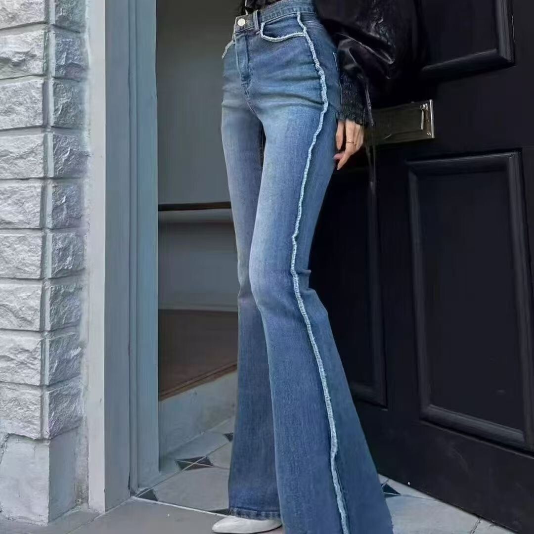 側毛邊彈力喇叭褲