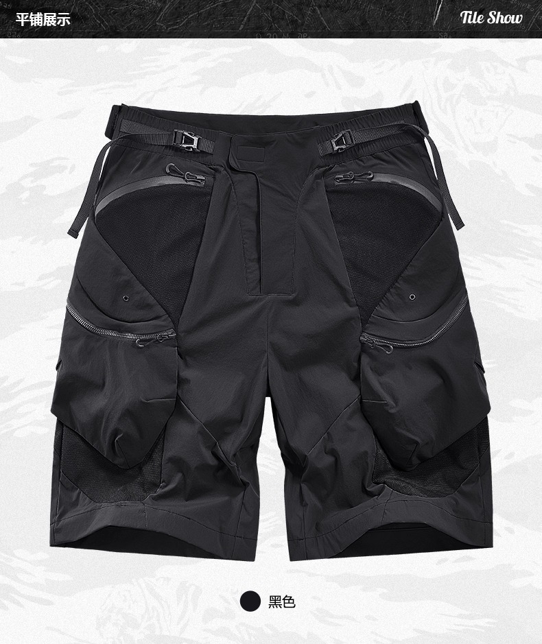 𝙏𝙀𝘾𝙃𝙒𝙀𝘼𝙍 黑色透氣機能網眼異材質五分短褲