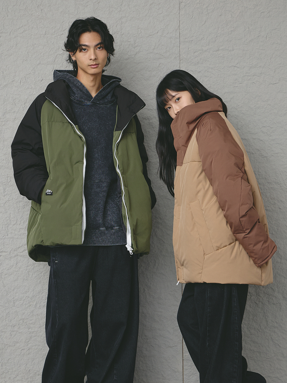 異色拼接立領羽絨外套