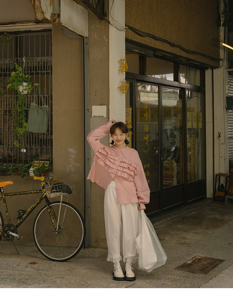 Multi-layer lotus leaf design striped Zhongshan collar shirt, two colors for sale【01025635】in stock+pre-order