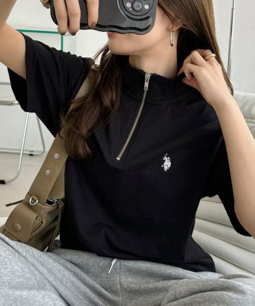 日本🇯🇵連線 U.S. POLO ASSN. 小logo刺繡半拉鍊立領短袖T恤 寬鬆 落肩 半拉鍊 男女可穿 情侶款 4色(任買兩件711免運)/預購