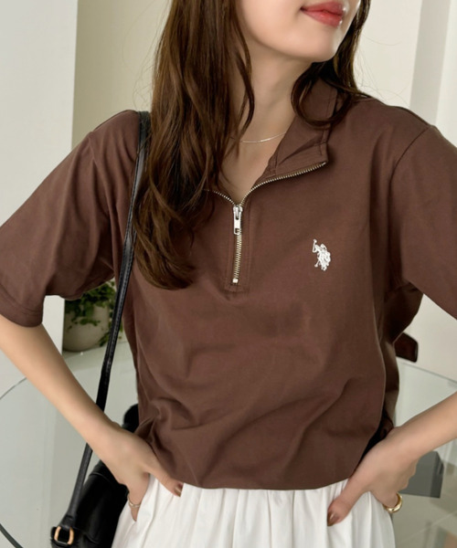 日本🇯🇵連線 U.S. POLO ASSN. 小logo刺繡半拉鍊立領短袖T恤 寬鬆 落肩 半拉鍊 男女可穿 情侶款 4色(任買兩件711免運)/預購