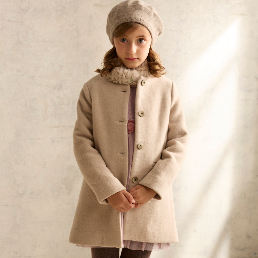 PIPPY典雅暖暖圓領純羊毛長版外套 卡其