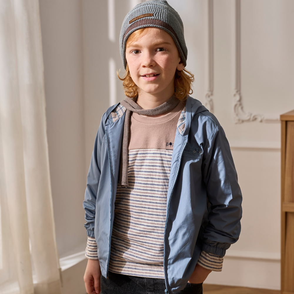 PIPPY細條紋剪接圓領棉質長袖上衣 藍