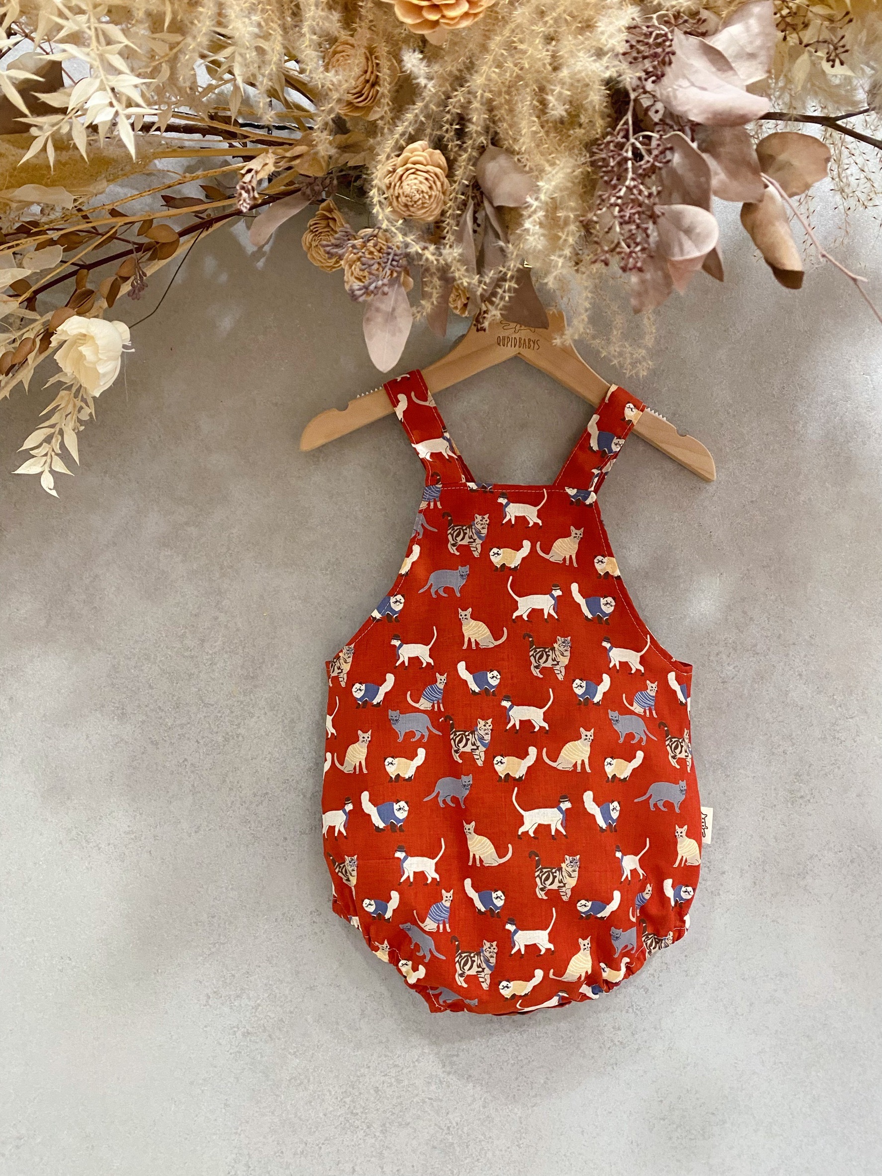 紅穿衣服貓咪 吊帶包屁衣(80)