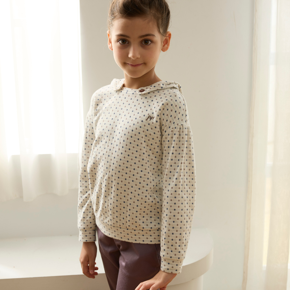 PIPPY純棉可拆式連帽點點長袖上衣 米