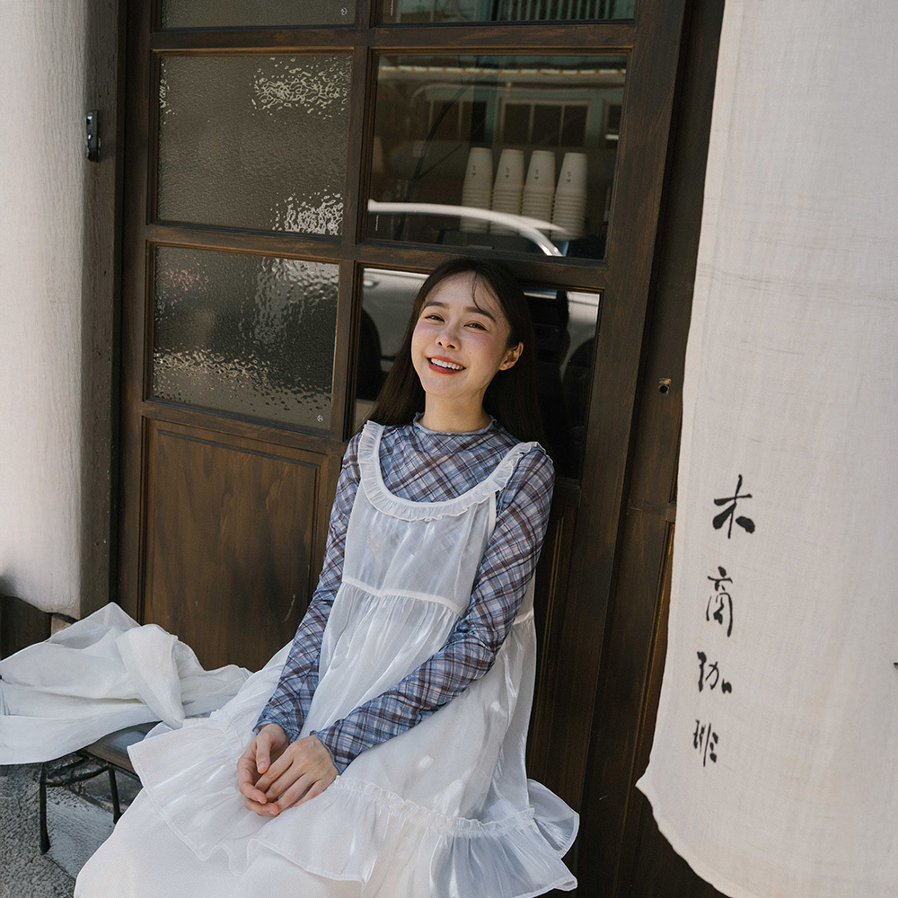 Plaid ruffled mesh sheer long-sleeved top S/M【01099131】in stock+pre-order