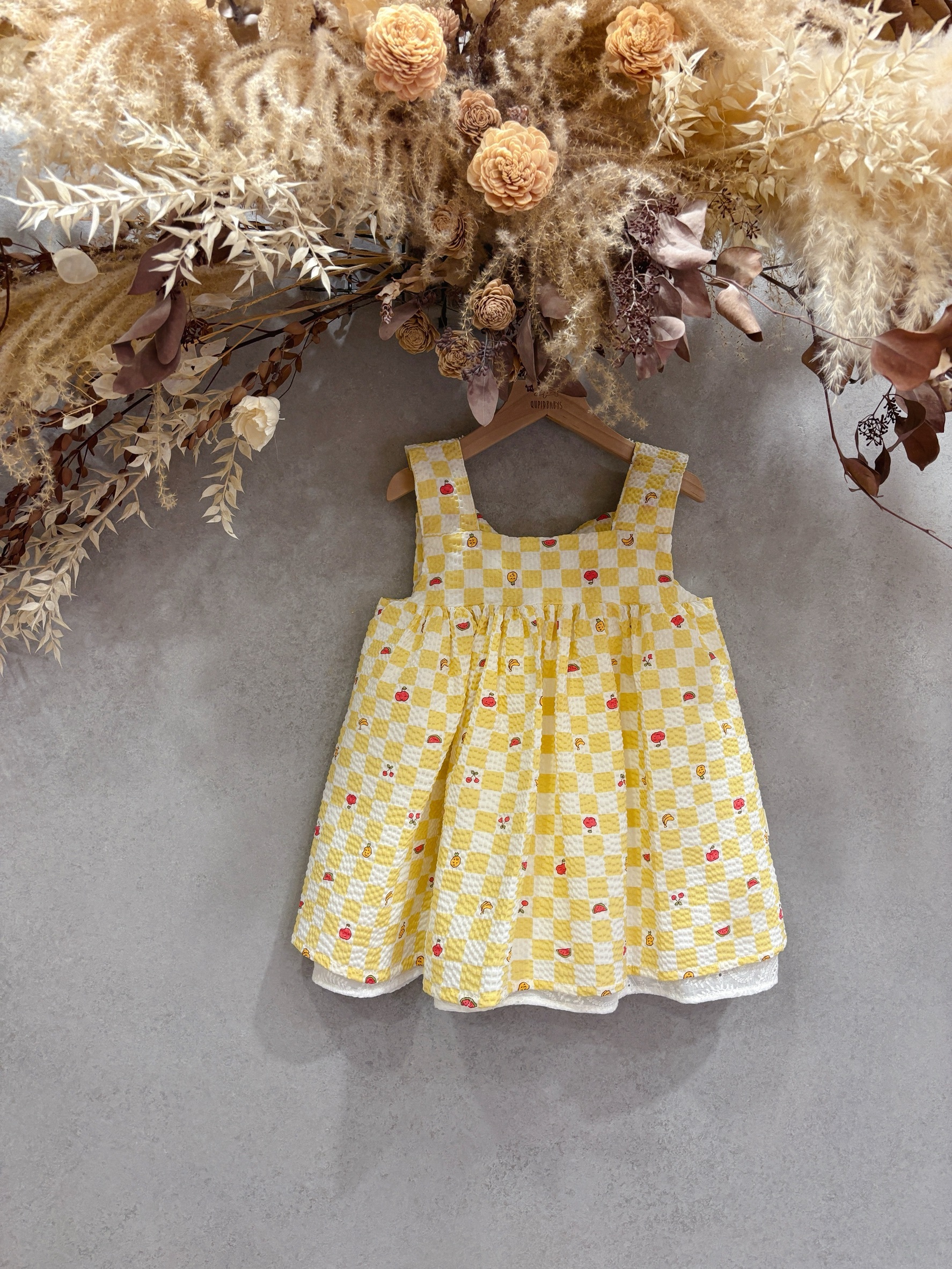 黃格子水果 方領蕾絲綁帶洋裝(110)