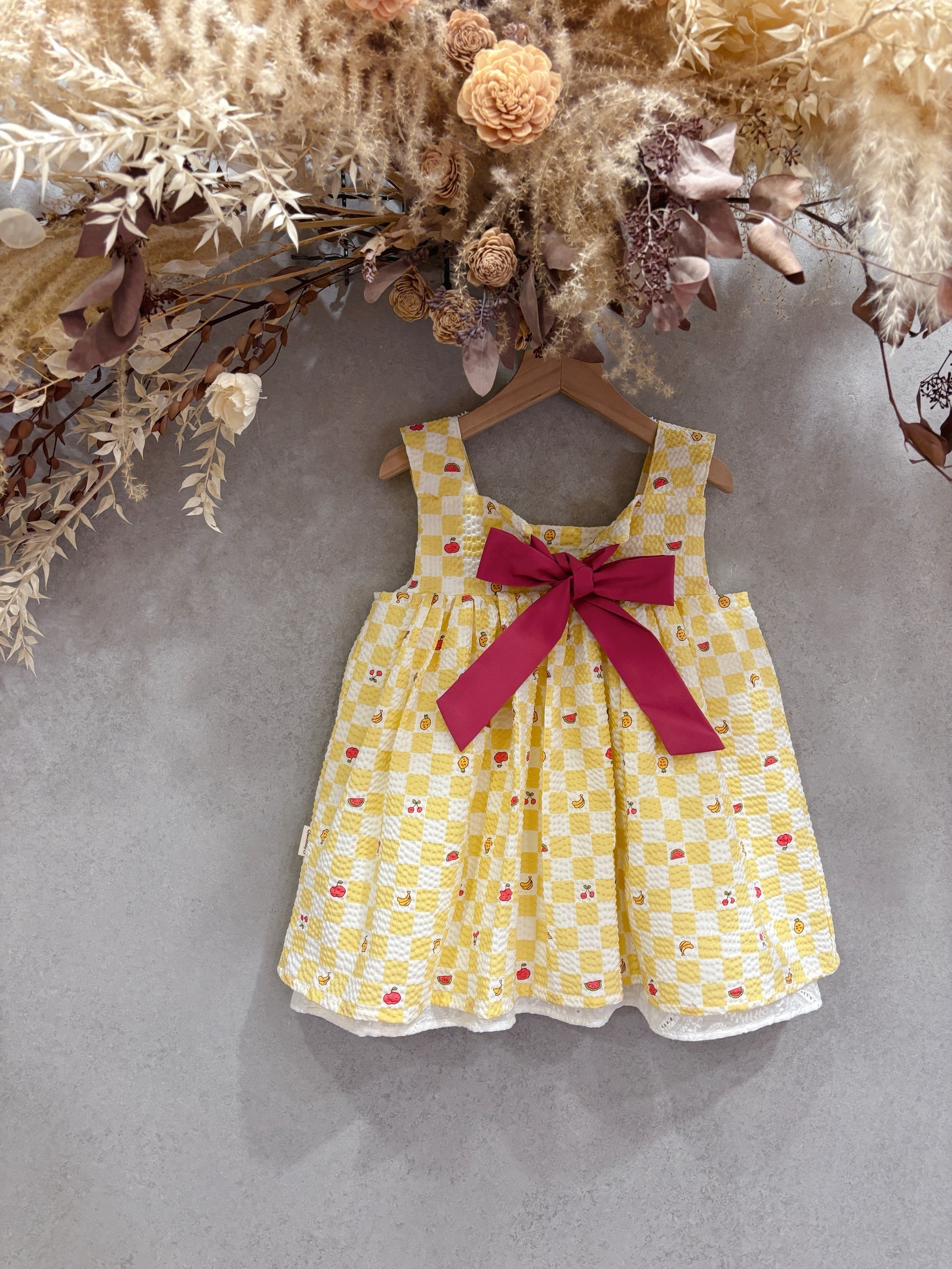 黃格子水果 方領蕾絲綁帶洋裝(110)