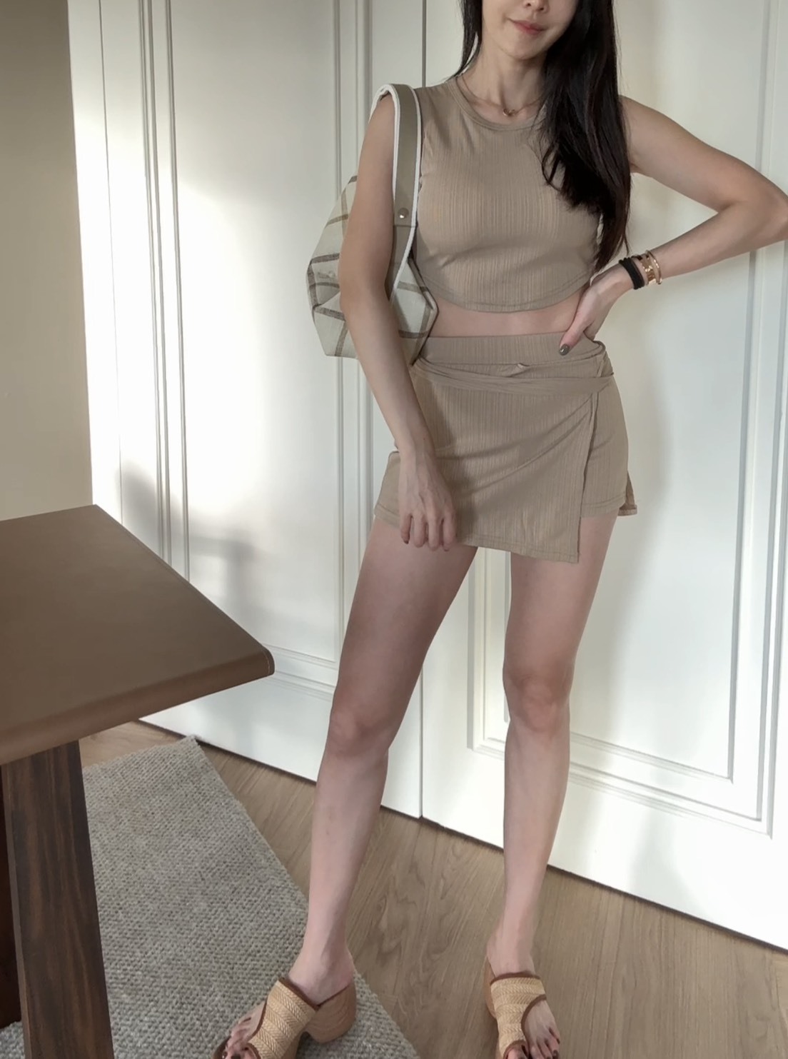 細羅紋bratop+綁帶褲裙套裝