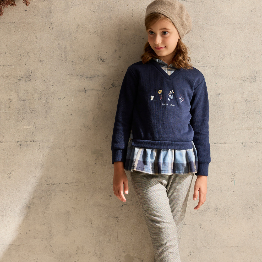 PIPPY高雅格紋繡花假兩件長袖上衣 藍