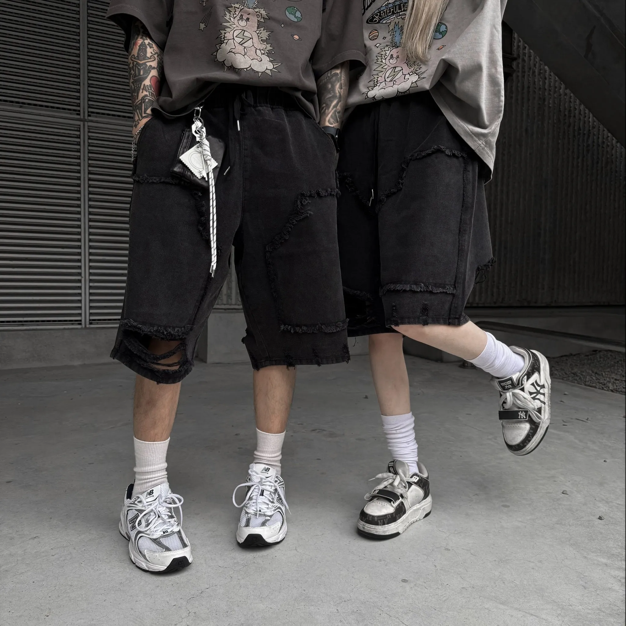 破壞 毛邊 造型 抽繩 七分 牛仔 短褲