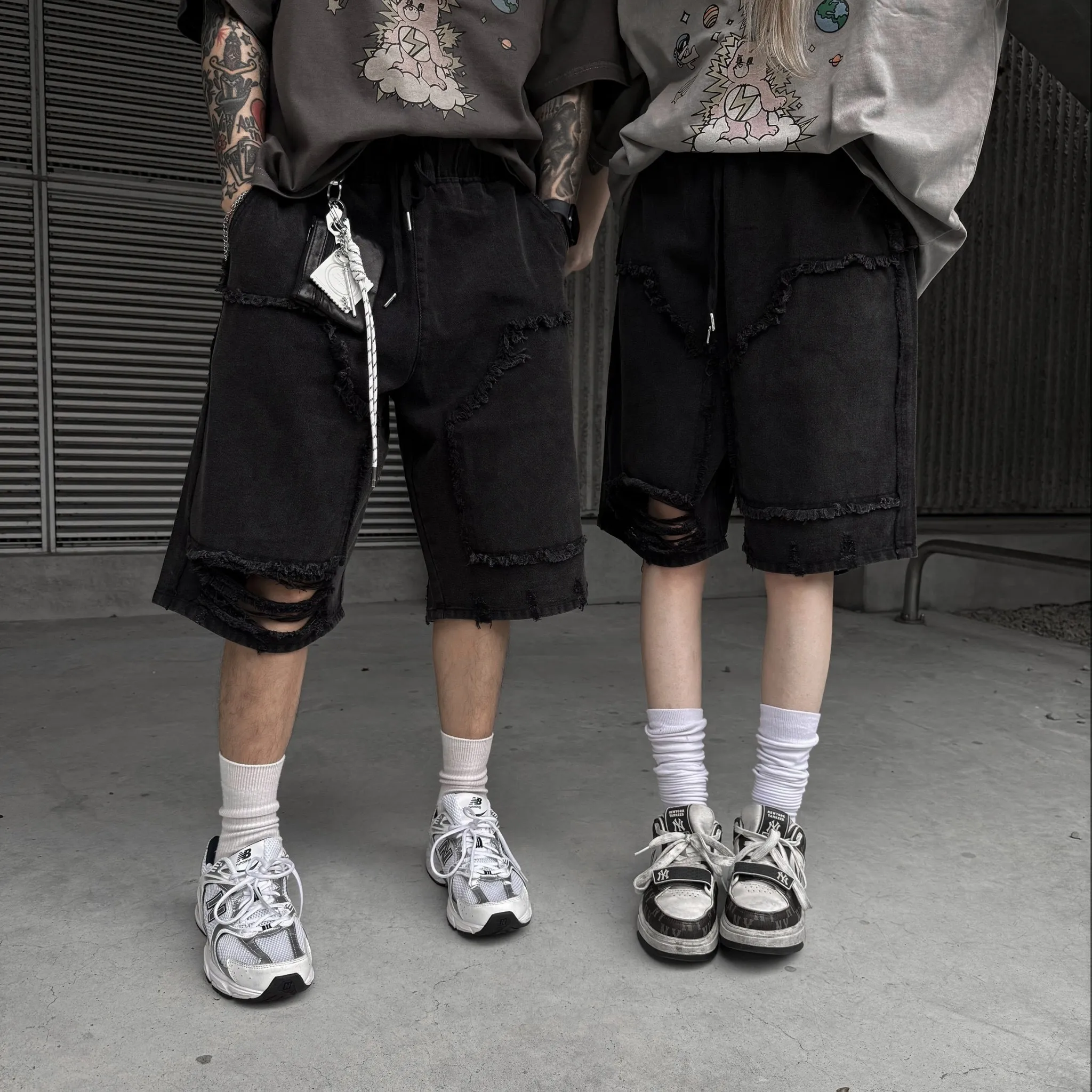 破壞 毛邊 造型 抽繩 七分 牛仔 短褲