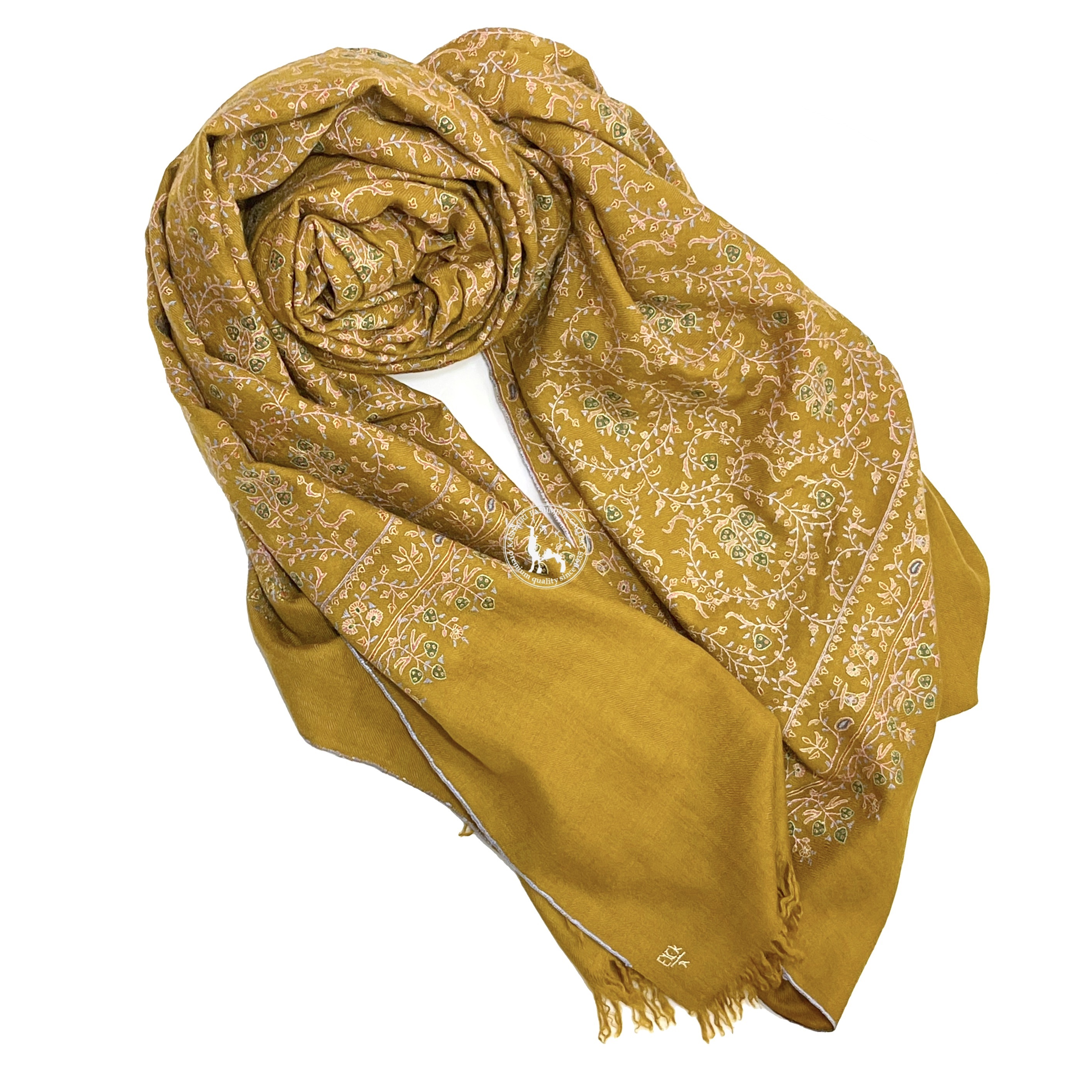 金菊色喀什米爾山羊絨全刺繡披肩